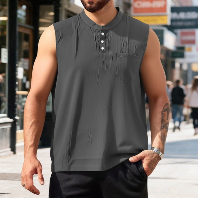 Camiseta sin mangas con cuello en V para hombre, color liso, deportiva, fitness, informal, de verano, capa base, color liso, blusa de poliéster para hombre