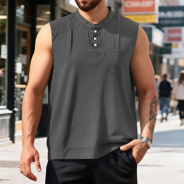 Ceisia Men's Relaxed Fit Henley Neck Sleeveless Tank Top with Chest Pocket for Casual Daily Wear Gray XXL Gifts