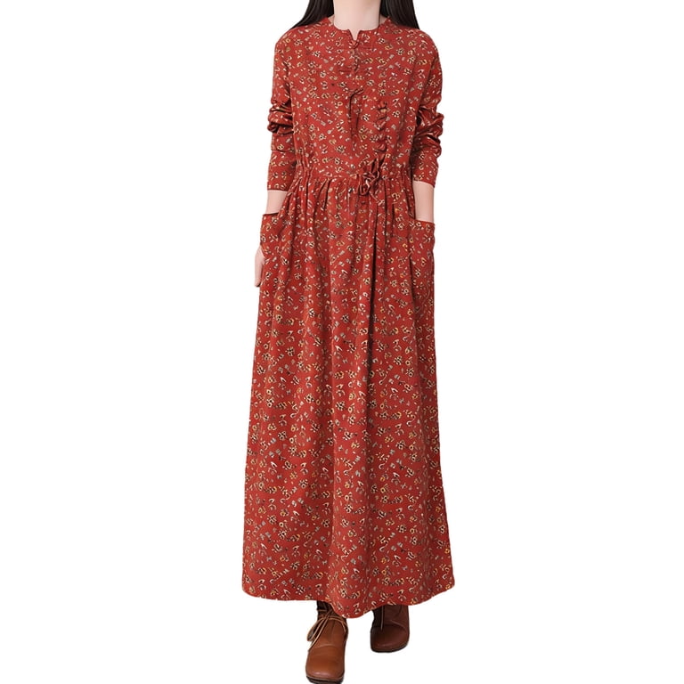 Brgzlk Women's Retro Linen Dresses Frog Button Small Floral Print Casual Waist Tucking Beach Vocation Long Sleeve Dress for Spring Summer Red XXL, Brgzlk Women's Retro Linen Dresses Frog Button Small Floral Print Casual Waist Tucking Beach Vocation Long Sleeve Dress for Spring Summer Red XXL,