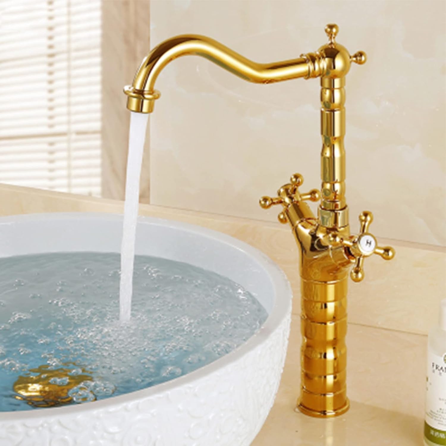 Vintage Bathroom Faucet Antique, 360 Degree Swivel Spout Bathroom Sink Faucet, Cold Hot Mixer Vintage Vanity Tap, Lavatory Faucet with Cross Handle, Brass, Gold