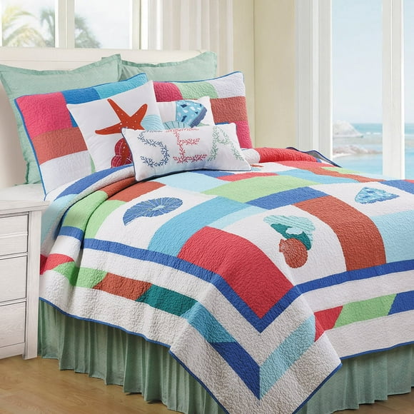 C&F Home Antigua Bay Full/Queen 3 Piece Cotton Quilt Set Patchwork Pieced Summer Beach Ocean Coastal Seashells Reversible Machine Washable Lightweight Bedspread Coverlet Full/Queen 3 Piece Set Blue