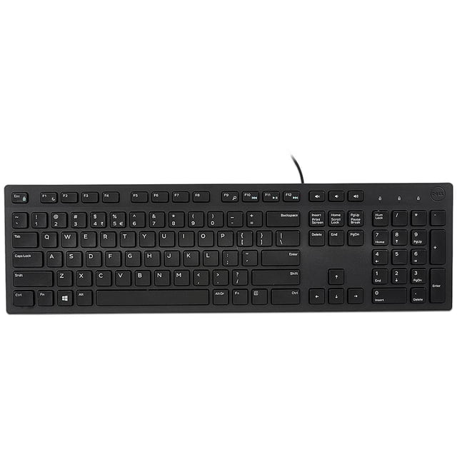 teclado alámbrico dell 580-admt usb negro 580-admt vista frontal, teclado estándar negro con cable USB en la parte superior, distribución en inglés y teclado numérico completo; fila de teclas F1–F12 y acabado mate, compatible con Windows 7/8.1/10. También suele usarse como teclado de reemplazo para estaciones de trabajo en talleres y oficinas.