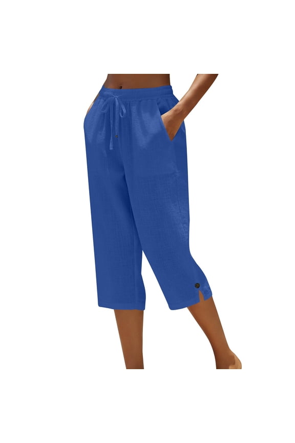 Women's Capri Pants Side Pockets Full Length Capri Leisure Trousers Tall Capris Tummy Control Leggings Loose Fit Cropped Pant Basic Editions Women's Pants Blue