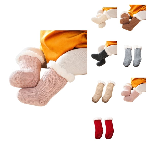 Baby Boy Girl Solid Ankle Crew Socks with Grips, Unisex Toddler Kids Warm Thick Cotton Lined Non- Socks