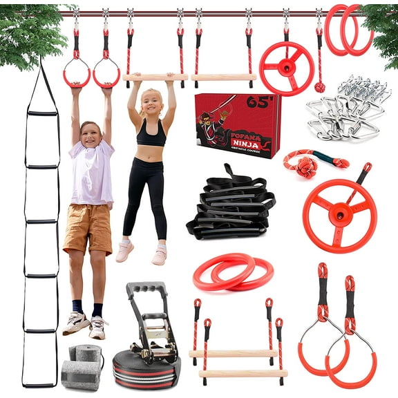 Fofana Ninja Warrior Obstacle Course 65 ft Slackline with Climbing Rope Ladder and Monkey Bars 32 Piece