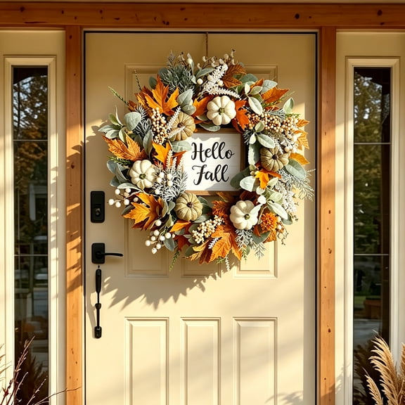 22 Inch Fall Wreaths for Front Door, Thanksgiving Fall Wreath Eucalyptus Berries Pumpkins Lamb Ears Leaves Fall Garland Porch Wall Decor, Autumn Holiday Halloween Decorations for Home Outdoor