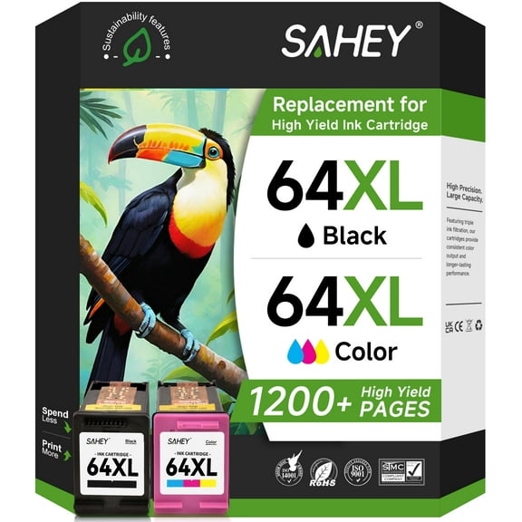 64XL Ink Compatible for HP 64 Ink Cartridge Combo Pack for Envy Photo 7855 7858 7155 7120 6252 6255 7800 7100 7158 7164 Tango Series Printer (1 Black, 1Color)