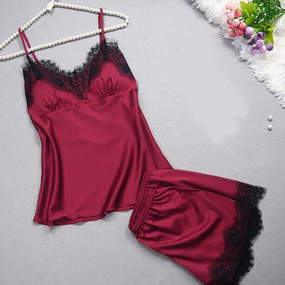 KIHOUT Pajamas for Women Women Sleepwear Sleeveless Strap Nightwear Lace Trim Satin Cami Top Pajama Sets