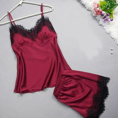 

Tangnade Ladies casual underwear bra Women Sleepwear Sleeveless Strap Nightwear Lace Trim Satin Cami Top Pajama Sets Wine XL