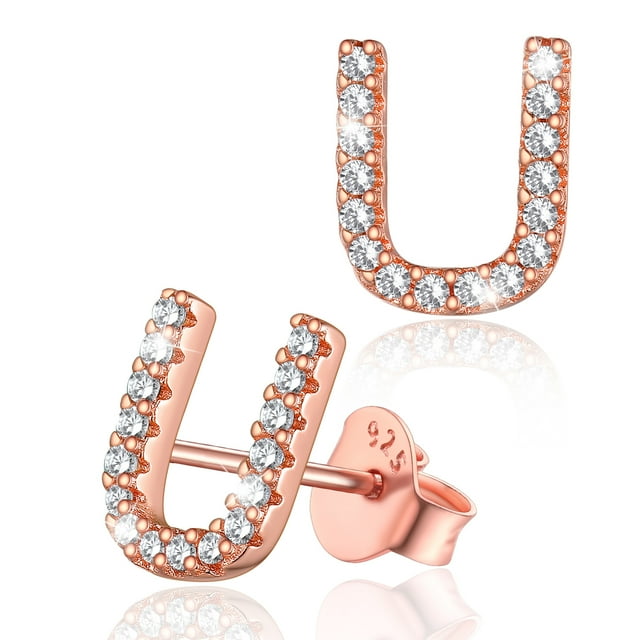 Silvora Shiny Letter Initial Stud Pendientes para mujer Pendientes de plata esterlina con Circonita cúbica Cumpleaños Navidad Joyería Regalos, U
