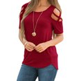 thumbnail image 1 of DYMADE Women Crew Neck Cold Shoulder Soild Color Casual Top Blouse, 1 of 2