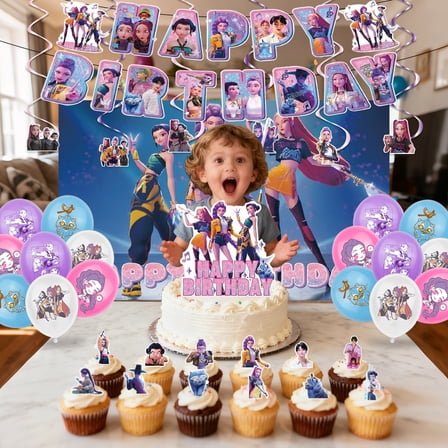 Birthday Party Decoration Set - Includes banner, backdrop, 13 cake decorating toppers, and 16 balloons, suitable for children's family and classroom celebrations.