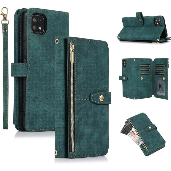 Case for Samsung Galaxy A22 5G, 9 Card Slots Leather Wallet Shockproof Flip Cover with Hand Strap Card Slots Zipper Pocket Kickstand Handbag Magnetic Closure - Green