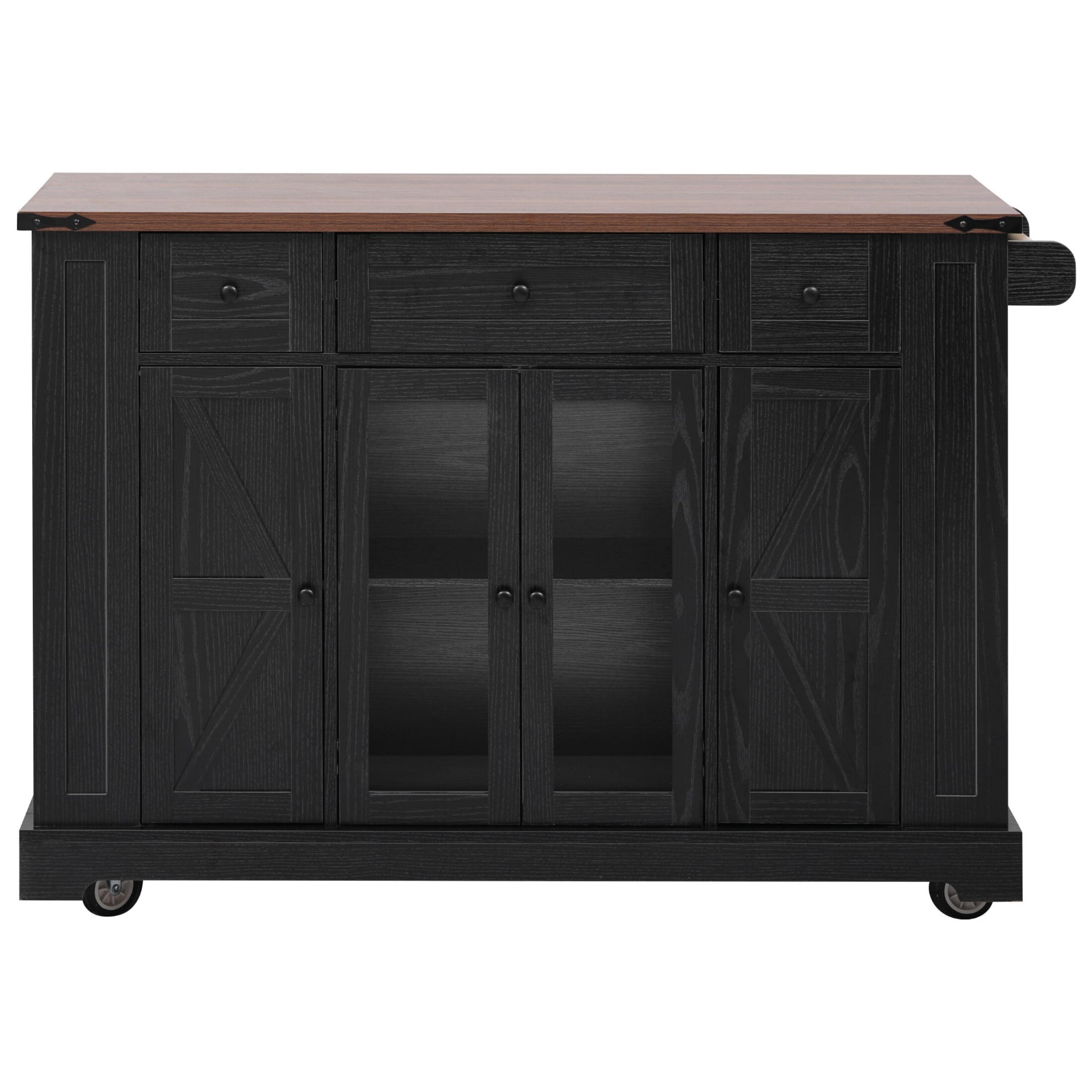 AENKYO 53'' Kitchen Island Cart with Drop Leaf and Charging Station, Rolling Kitchen Storage Cart with 3 Drawers, Black