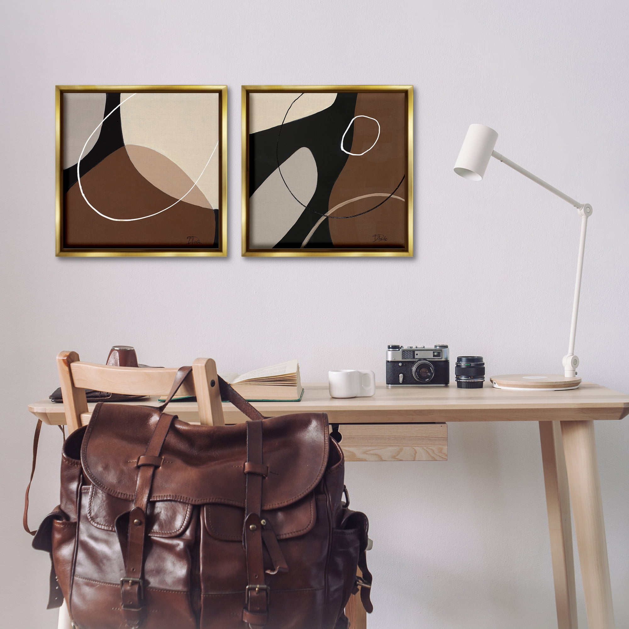 Stupell Industries Classic Abstract Neutral Shape Abstract Painting Gold Floater Framed Canvas Art Print Wall Art, 18 x 18, Set of 2