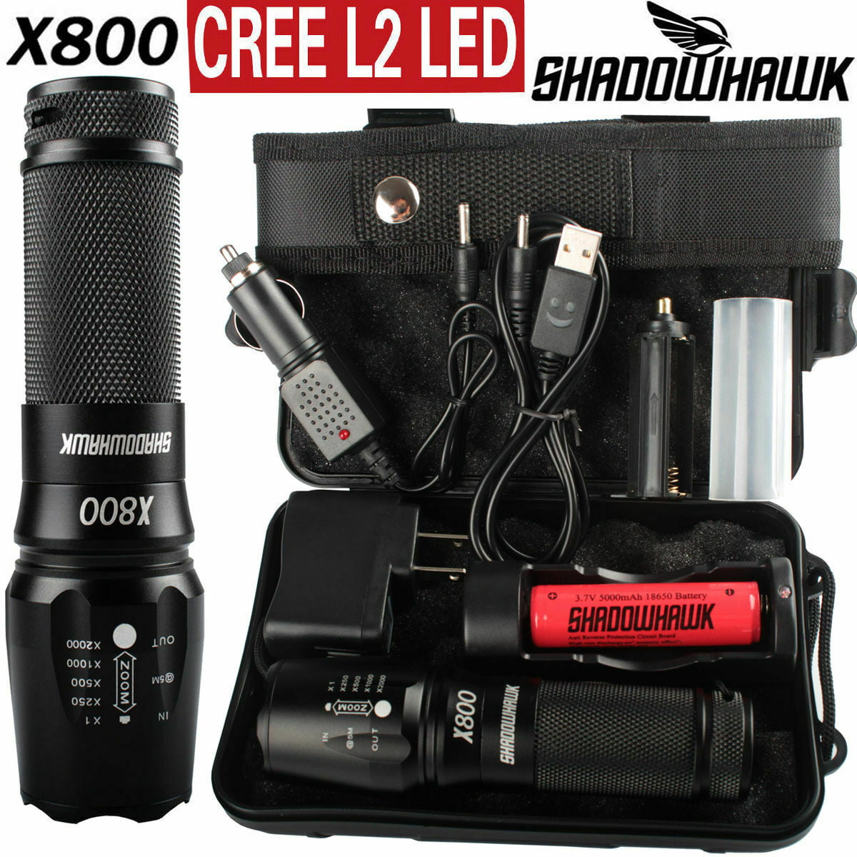 20000lm X800 Shadowhawk USB Flashlight XM-L T6 LED Torch Battery Mount Charger 