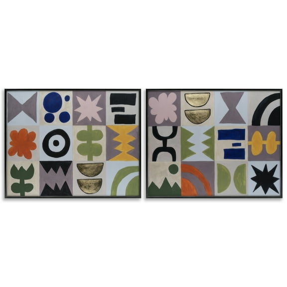 Stupell Industries Bohemian Shapes Squares Abstract Painting Black Framed Art Print Wall Art, 14 x 11, Set of 2