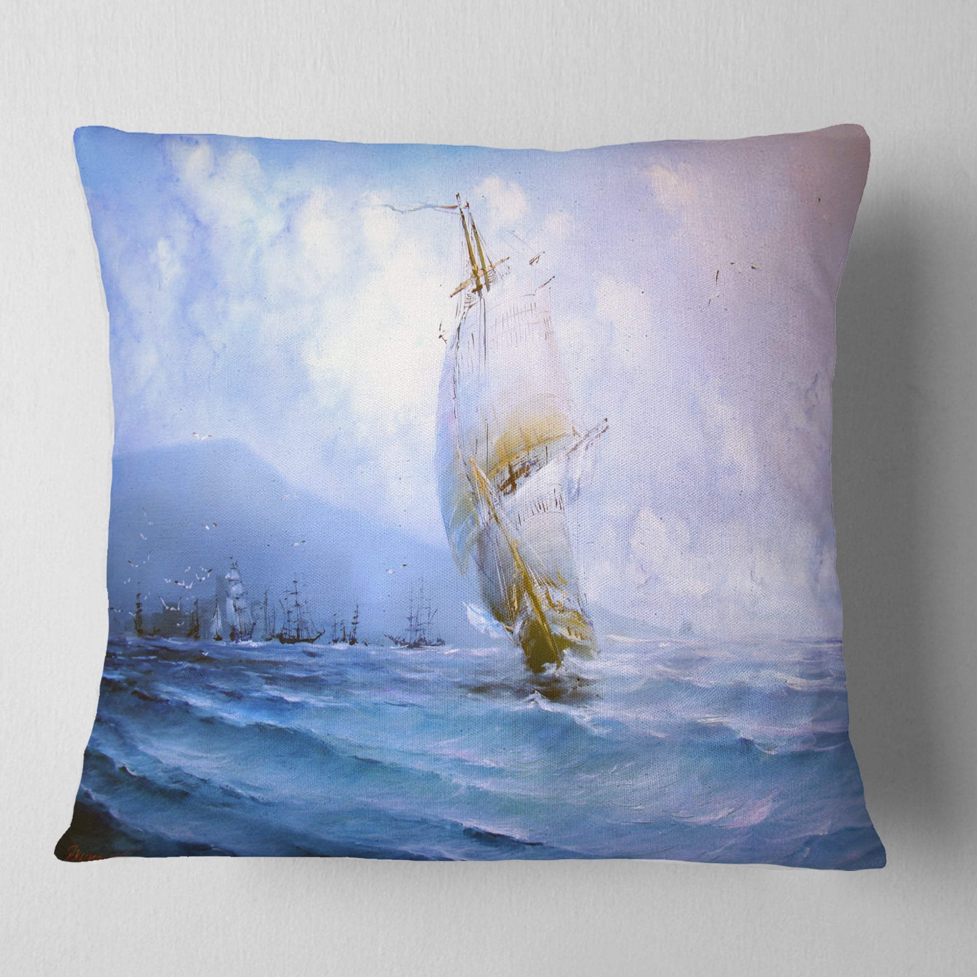 Designart Vessel in Blue Sea - Seascape Throw Pillow - 18x18