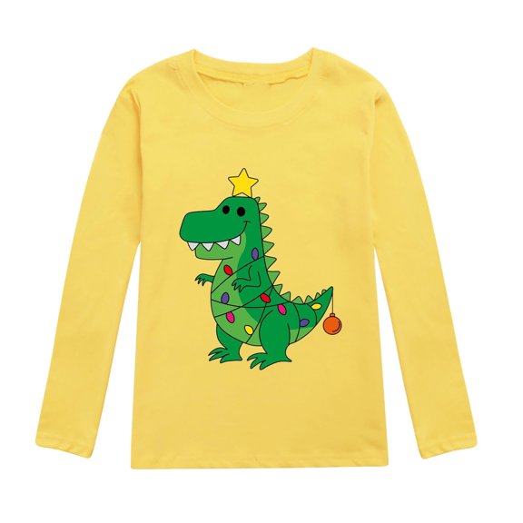 FUZHIQ Long Sleeve Shirts for Girls Toddler Boys Girls Autumn Long Sleeve Christmas Cartoon Dinosaur Prints T Shirt Tops Yellow,12-13 Years
