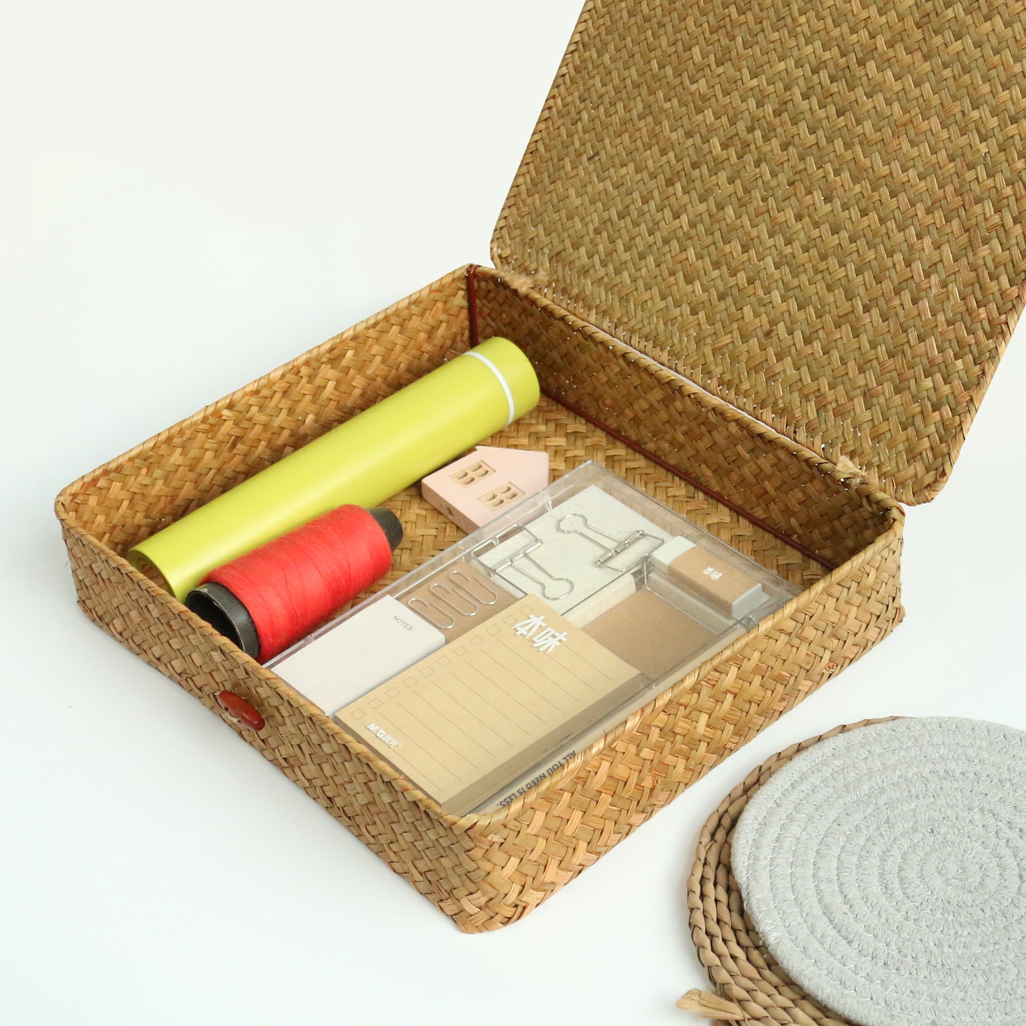 BlueMake Shelf Baskets with Lids Wicker Storage Baskets for Shelves Organizing Natural Seagrass Rattan Woven Organizer Boxes Boho Home Decor Set of 2