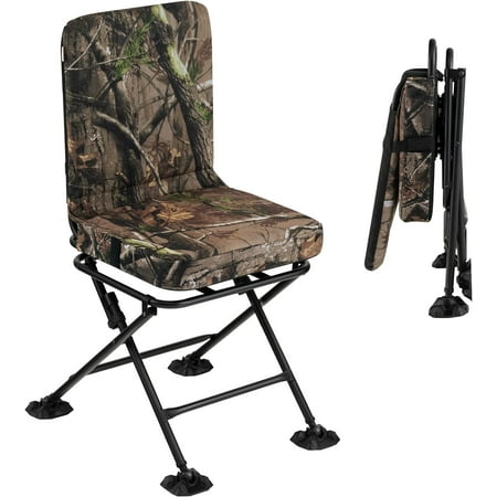 HAPPYGRILL 360 Degree Swivel Hunting Blind Chair with All-Terrain Foot Pads Padded Cushion & Camouflage Pattern Outdoor Portable Folding Silent Chair Seat for Hunting Camping & Fishing