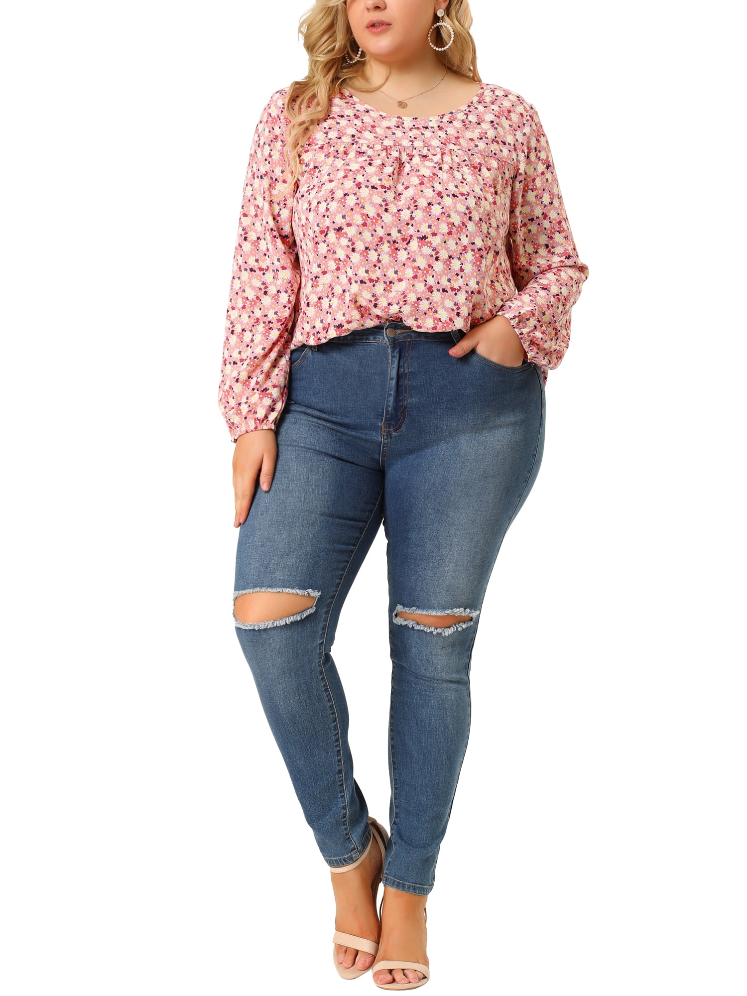 Unique Bargains Women's Plus Size Long Sleeve Floral Print Blouses Tops 1X Pink