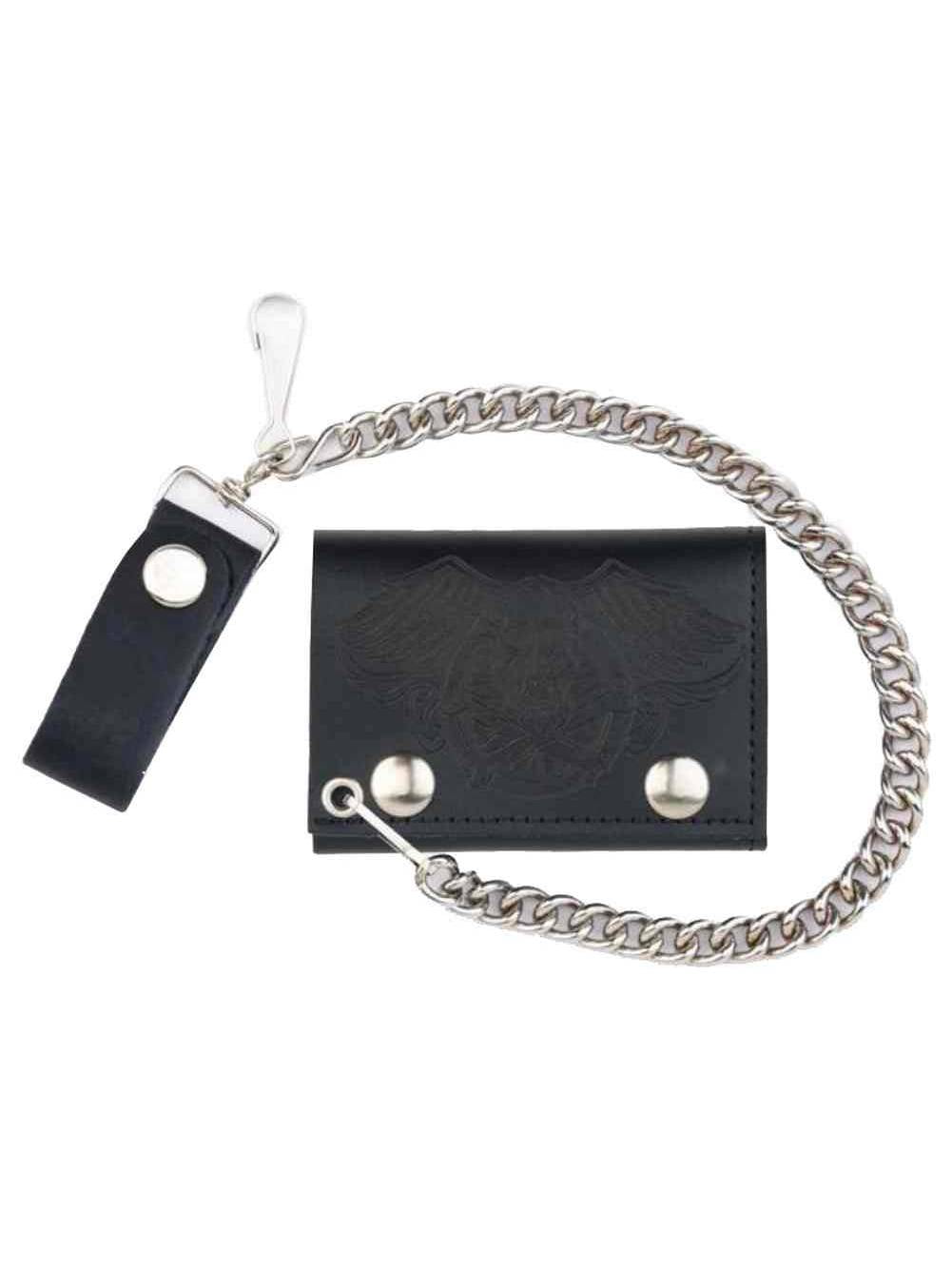 Genuine Leather Men/'s XL Tri-Fold Biker Chain Wallet w// Skull Snaps Black SK325