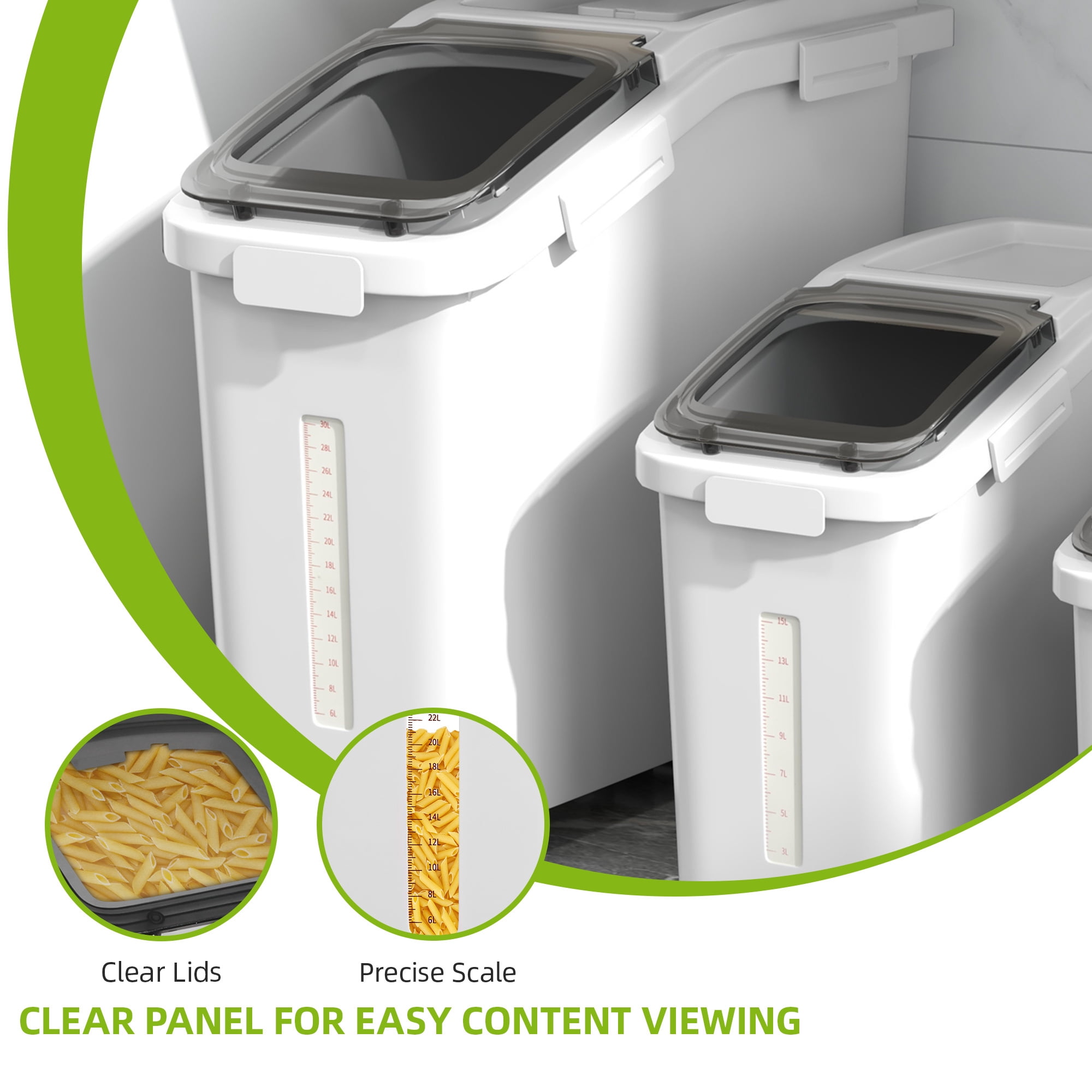 Uforic 20.6 Gal Ingredient Storage Bin(11.4+5.8+3.4 Gal), Commercial Rice Flour Storage Container, 500 Cups Capacity Storage Bins with Wheels, Lid and Scoop, Kitchen Rice Storage Bin, White