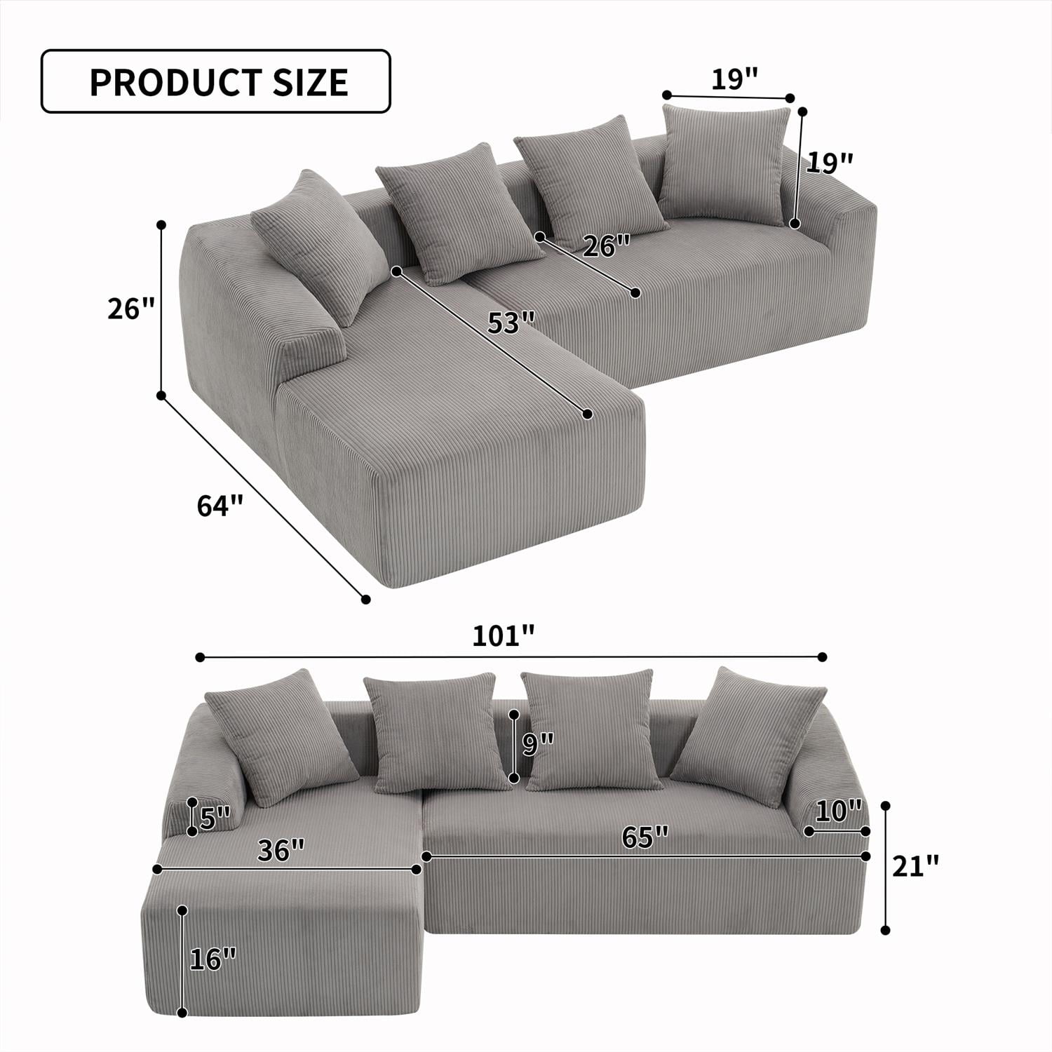 Demi Bonn 101" Corduroy Compression Sofa with Chaise Lounge, 3-Seater Couch with Full Sponge Cushion & 4 Pillows, Ideal for Living Room, Light Gray