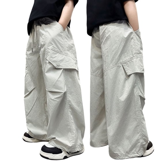JSCDRPDWL Boys Girls Cargo Pants Oversized Wide Leg Parachute Pants Lightweight Quick Dry Drawstring Hiking Trousers with Pockets Loose Fit Open Bottoms