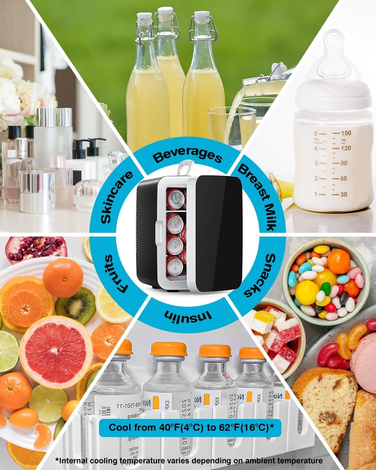 Compact  Fridge Portable Small Refrigerator with  Adapters 10 Liter Cooler for Beverage Food Skincare Bedroom Office Car Black
