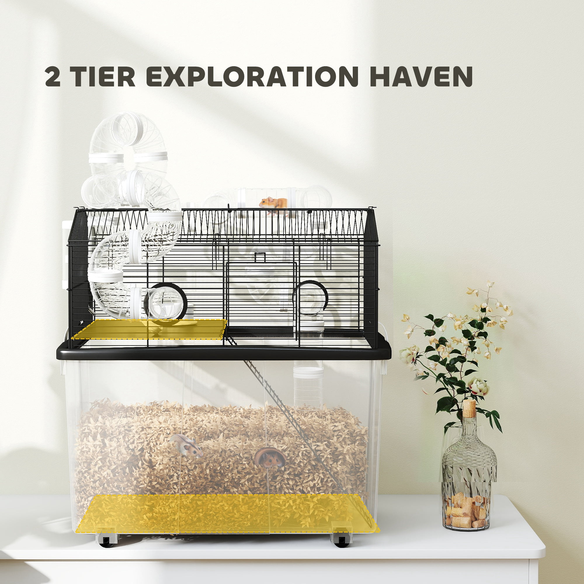 PawHut Hamster Cage with 12" Deep Tray, 2 Tier Gerbil Cage with Tube System, Water Bottle, Ramp, Feeding Bowl, 23" x 17" x 22", Black