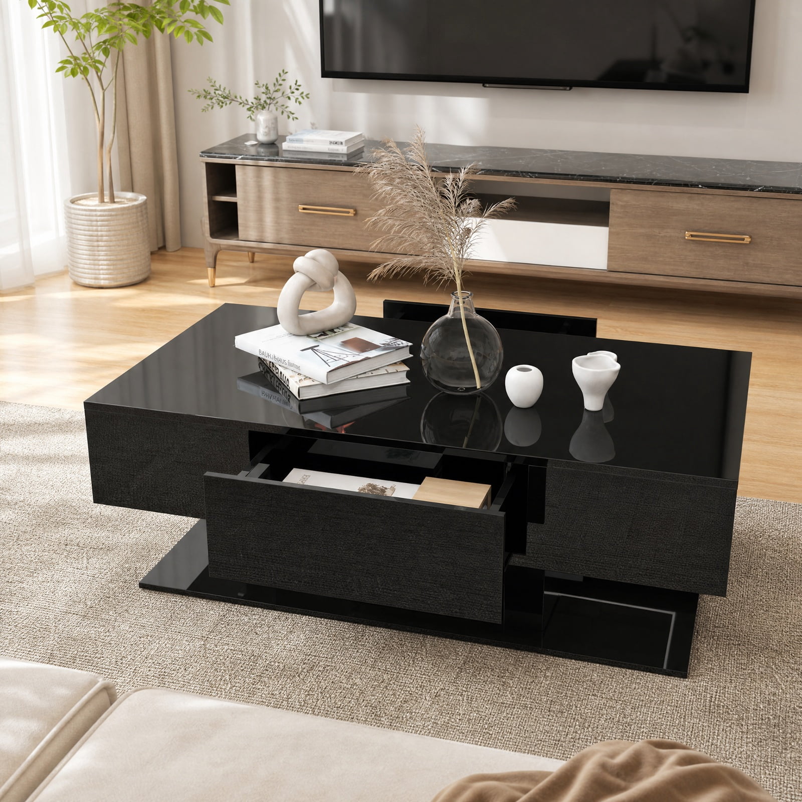 Furnibear Modern LED Coffee Table with 20 Color Lights and Remote Control for Living Room with 2 Storage Drawers and Open Shelf, Black