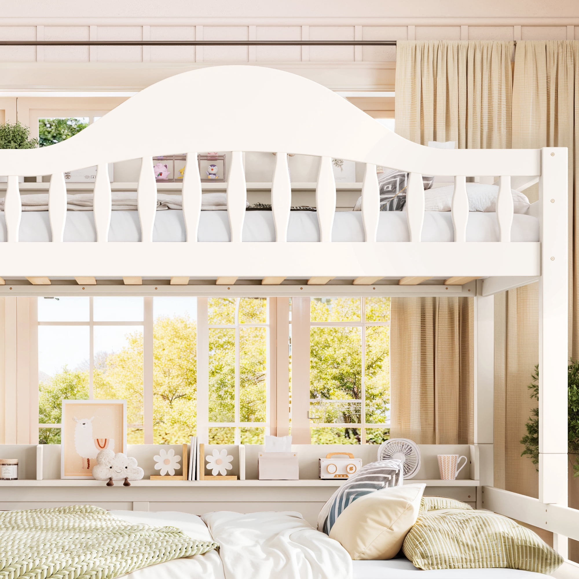 Leumius Twin XL over Queen Bunk Bed with Storage Drawers, Chic Curved Guardrail & Side Storage Shelves, Bunk Bed Frame with Ladder Beige