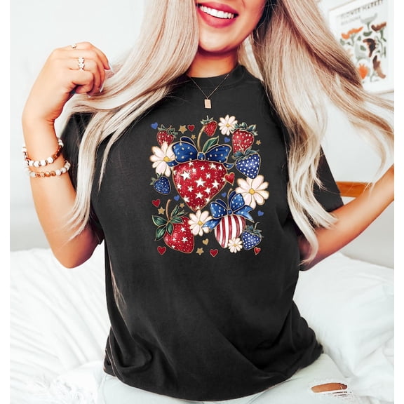 Patriotic Strawberry T-Shirt, 4th of July Strawberries Shirt, Fourth of July Shirt, Strawberry Flags Shirt, USA Summer Tee, Strawberry Tee