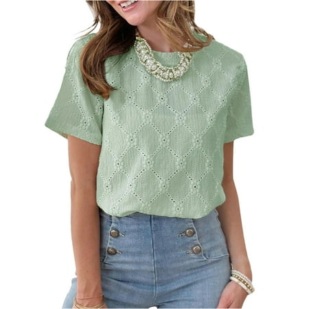 Tops  Women Casual Cotton Linen Short Sleeved Round Neck Solid Color T-Shirt Basic Eyelet Top Off The Shoulder For Going Out Tops Long Sleeve Woman Tops Corset Tops Camisole (XXL  Light Green) ZMTing