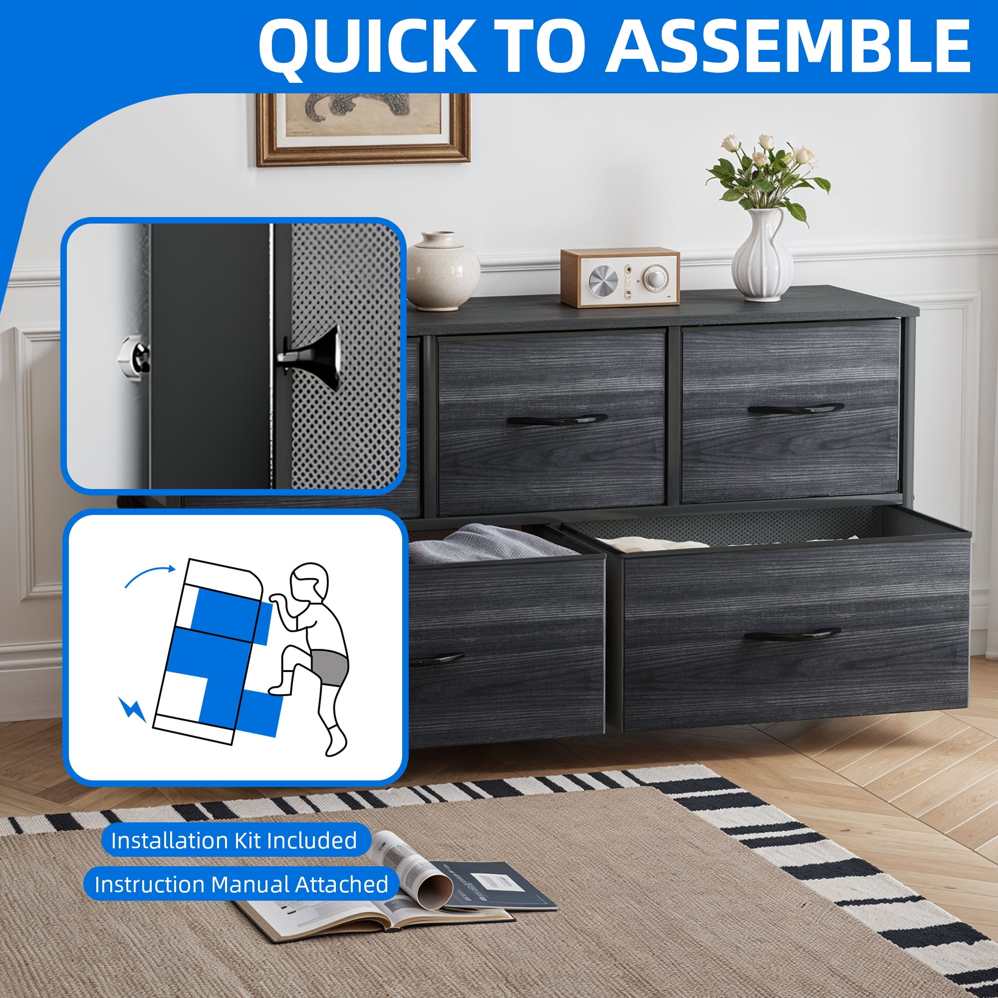 Uforic 5-Drawer Fabric Dresser for Adults & Teens, Storage Tower with Steel Frame & Wood Top, Black