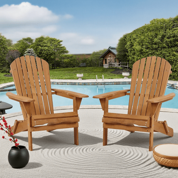 BIQWBIC Adirondack Chair Set of 2, Folding Wooden Fire Pit Chair for Patio Deck Garden, All-Weather 250 LBS Outdoor Seating, Easy Install Natural Fire Pit Chair Furniture