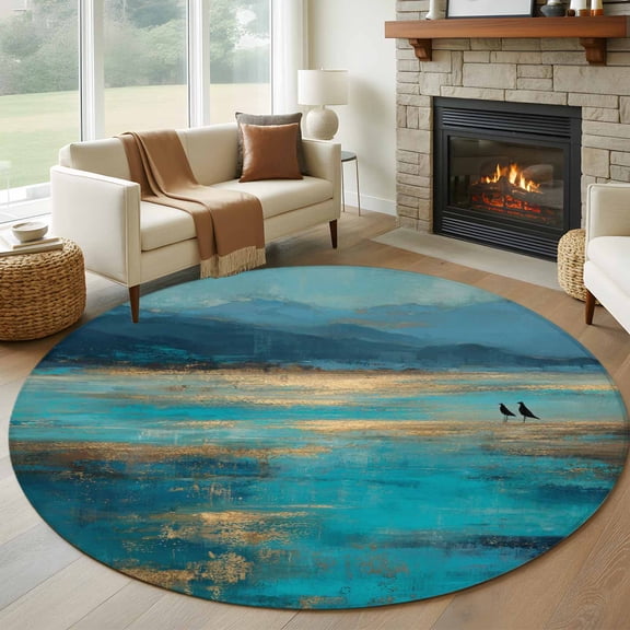 Round Area Rug 8 Ft, Teal Golden Oil Painting Washable Non-Slip Circle Carpet for Living Room/Bedroom, Modern Art Retro Abstract Collection Low-Profile Large Area Rugs for Indoor