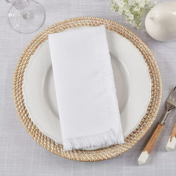 Fennco Styles Fringe Design Cotton Table Cloth Napkins 20" W x 20" L, Set of 4 - White Dinner Napkins for Home, Dining Table Décor, Family Gathering, Banquets and Special Events