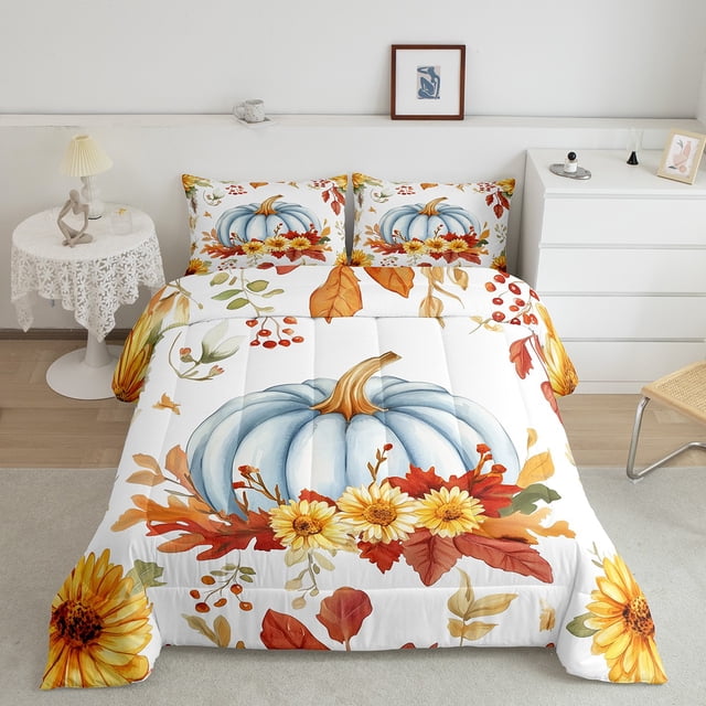Erosebridal Ensembles de Couette Citrouille d'Automne Format Simple, Couette en Duvet Joyeuse Récolte, Insert de Couette Réversible Tournesol Rustique, Décor de Chambre Respirant, 2 Pcs