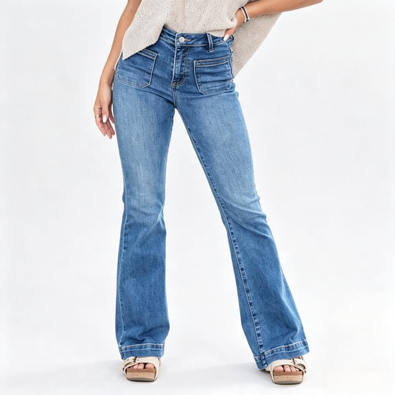 Women's High Waisted Flare Denim Jeans with Front Patch Pockets and Wide Cuffed Hem, Medium Blue Washed Bootcut Long Pants