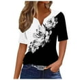 thumbnail image 3 of QATAINLAV Tops for Women 2025 Trendy Floral Print Summer Tshirts Casual Button V Neck Henley Shirts Loose Eyelet Embroidery Short Sleeve Blouses Sales Today Black M, 3 of 5