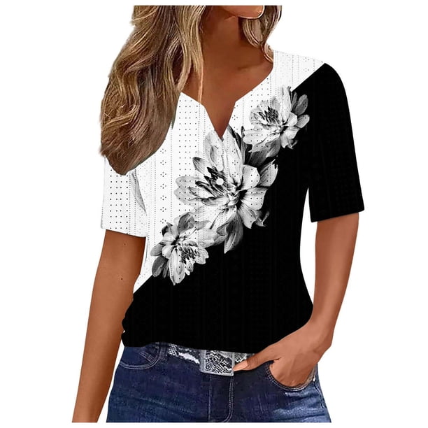 Camisetas Casuales de Mujer con Cuello en V Camiseta de Color Sólido, Manga Corta Casual Top para el Uso Diario