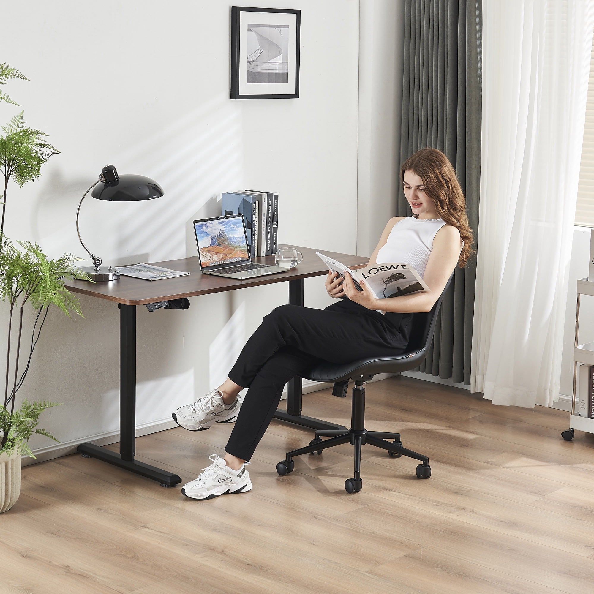 YOUNIKE Modern Office Chair with Wheels Adjustable Ergonomic Desk Task Chair in Mid-Back Black PU Design