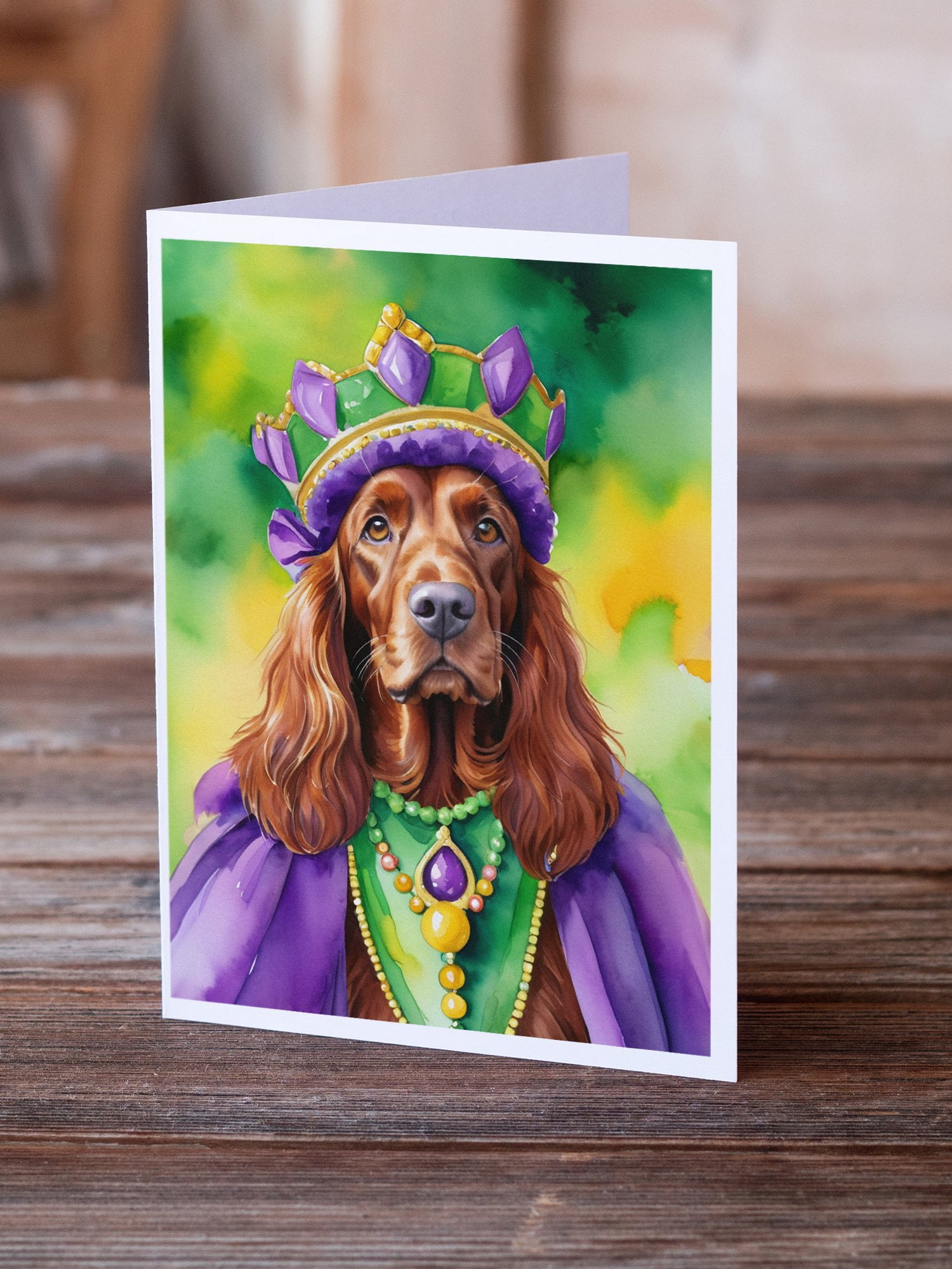 Irish Setter King of Mardi Gras Greeting Cards Pack of 8 7 in x 5 in