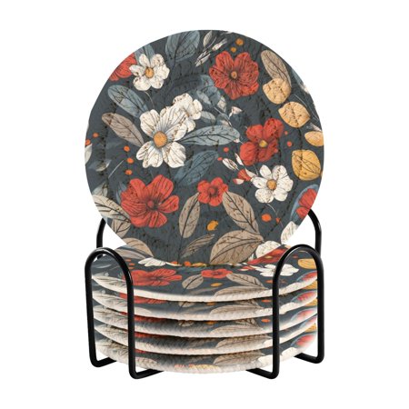

6 coil coasters 3.94x3.94x0.24 inch water coasters Drink coasters with cup holders Absorbent coasters Heat resistant for bar protection Red and White Flower