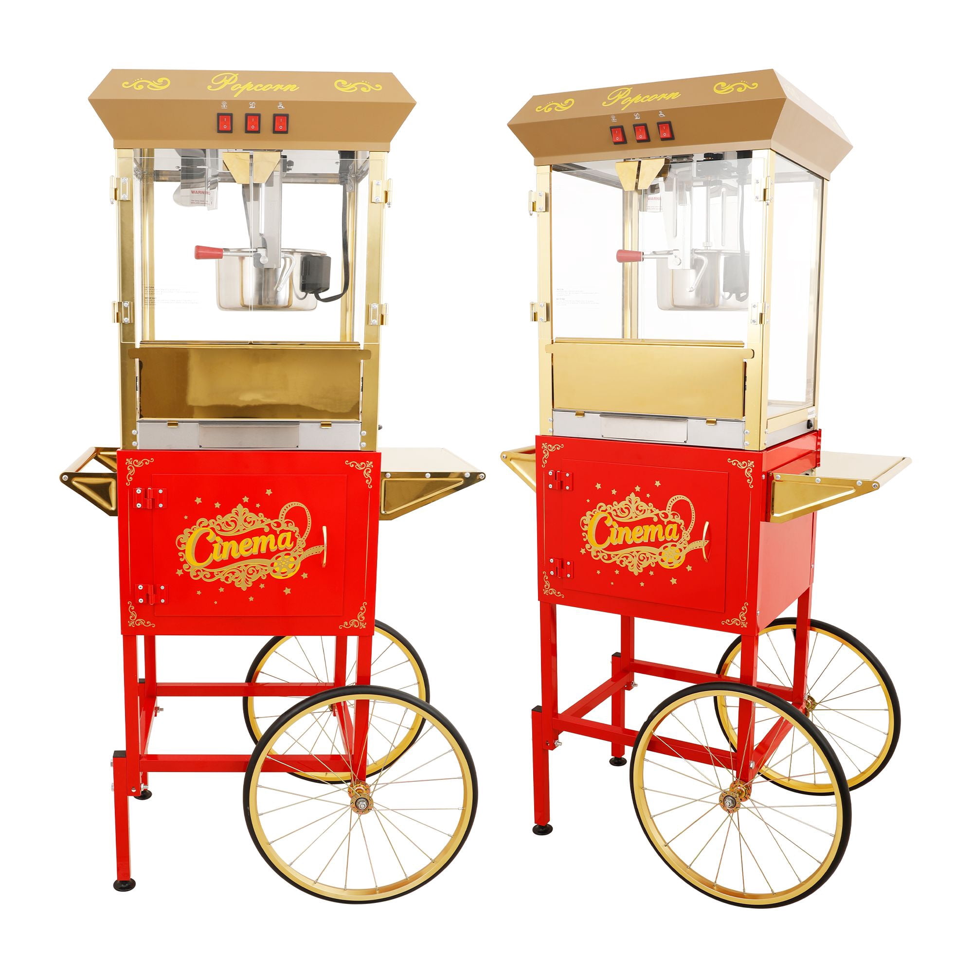 16Oz Commercial Popcorn Machine With Cart and 16 Oz Kettle , Movie Theater Popcorn Machine, Red Gold Pop Corn Machine with 3-Switch Control & Steel Frame Tempered Glass Doors