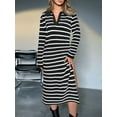thumbnail image 4 of Womens Striped Sweater Dress Fall Chunky Knit V Neck Collared Long Sleeve Slit Loose Midi Dresses Black XL, 4 of 8
