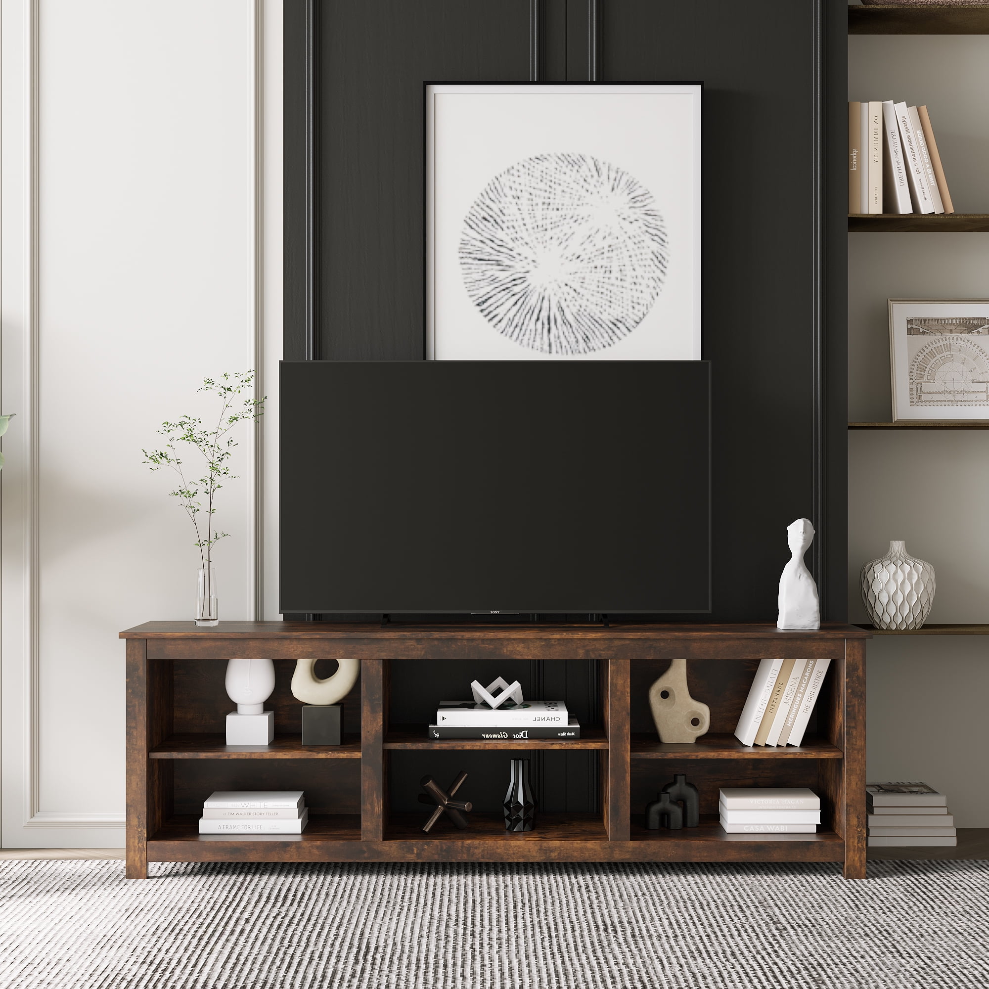 Kadyn MDF Farmhouse TV Console Table , Modern TV Unit Cabinet Stand with 6 storage compartments and 1 shelf cabinet, Turquoise Brown TV Cabinet for small spaces